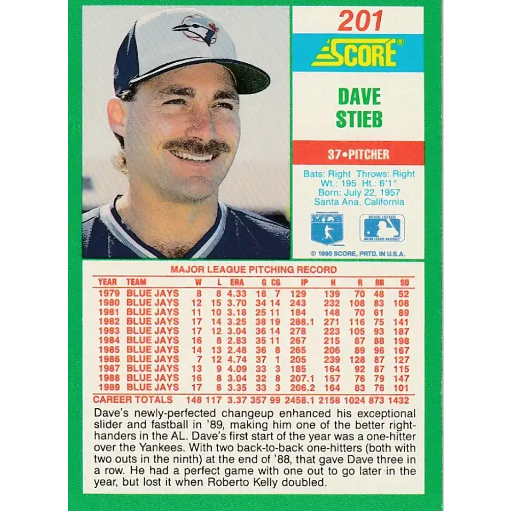 1990 Score #201 Dave Stieb NM-MT Toronto Blue Jays Baseball Card - Baseball Card Single