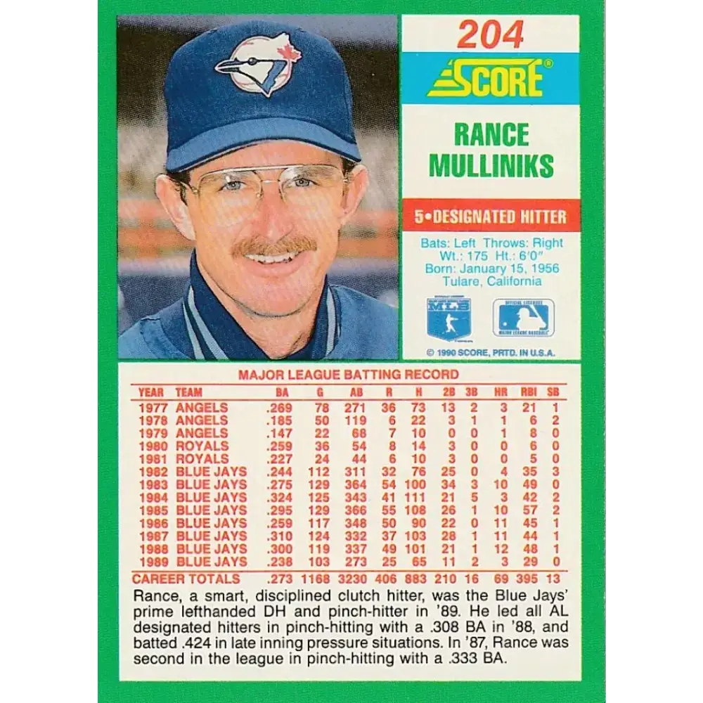 1990 Score #204 Rance Mulliniks NM-MT Toronto Blue Jays Baseball Card - Baseball Card Single