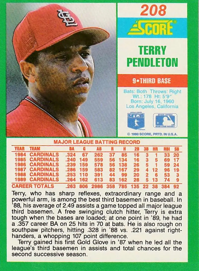 1990 Score #208 Terry Pendleton EX Excellent St. Louis Cardinals Baseball Card - Baseball Card Single