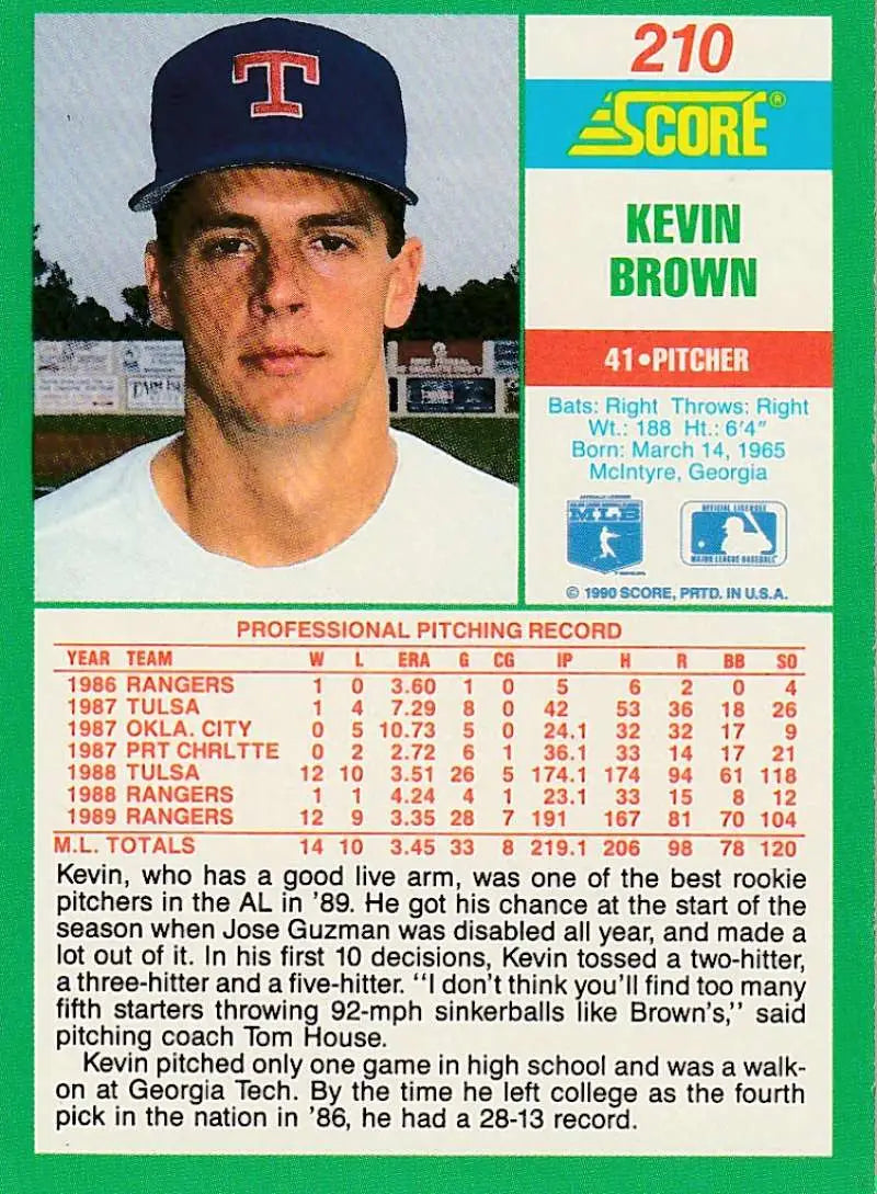 1990 Score #210 Kevin Brown EX Excellent Texas Rangers Baseball Card - Baseball Card Single