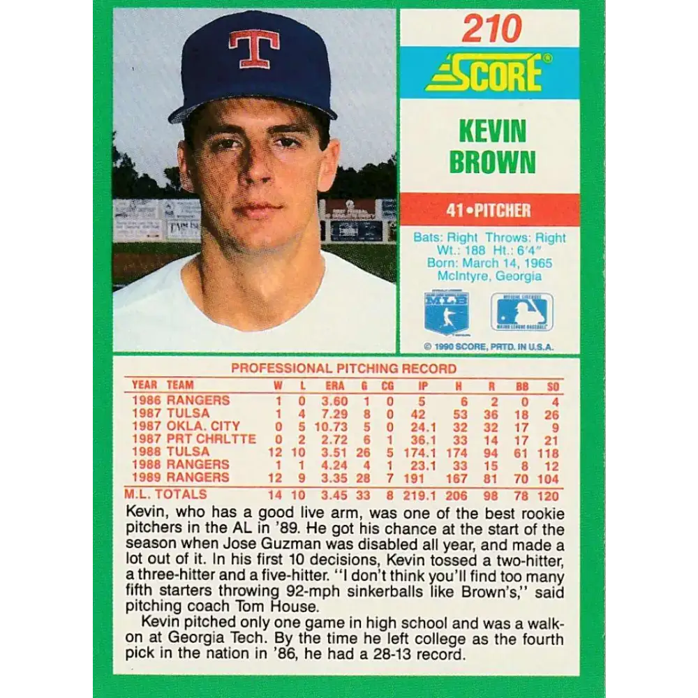 1990 Score #210 Kevin Brown UER NM-MT Texas Rangers Baseball Card - Baseball Card Single