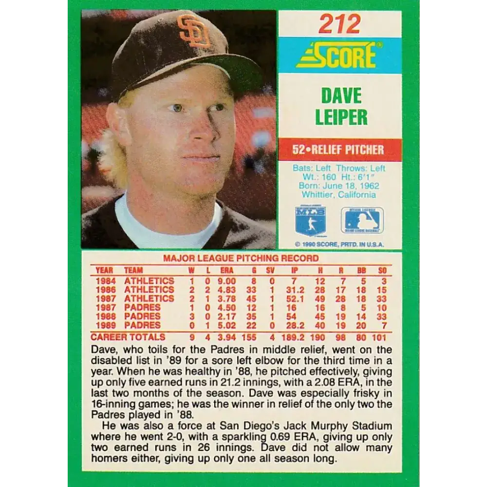 1990 Score #212 Dave Leiper NM-MT San Diego Padres Baseball Card - Baseball Card Single