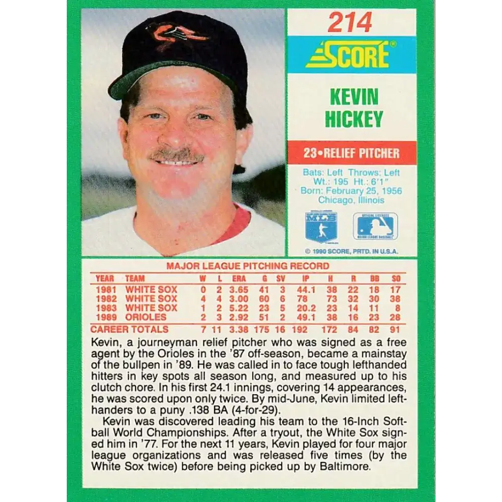 1990 Score #214 Kevin Hickey NM-MT Baltimore Orioles Baseball Card - Baseball Card Single