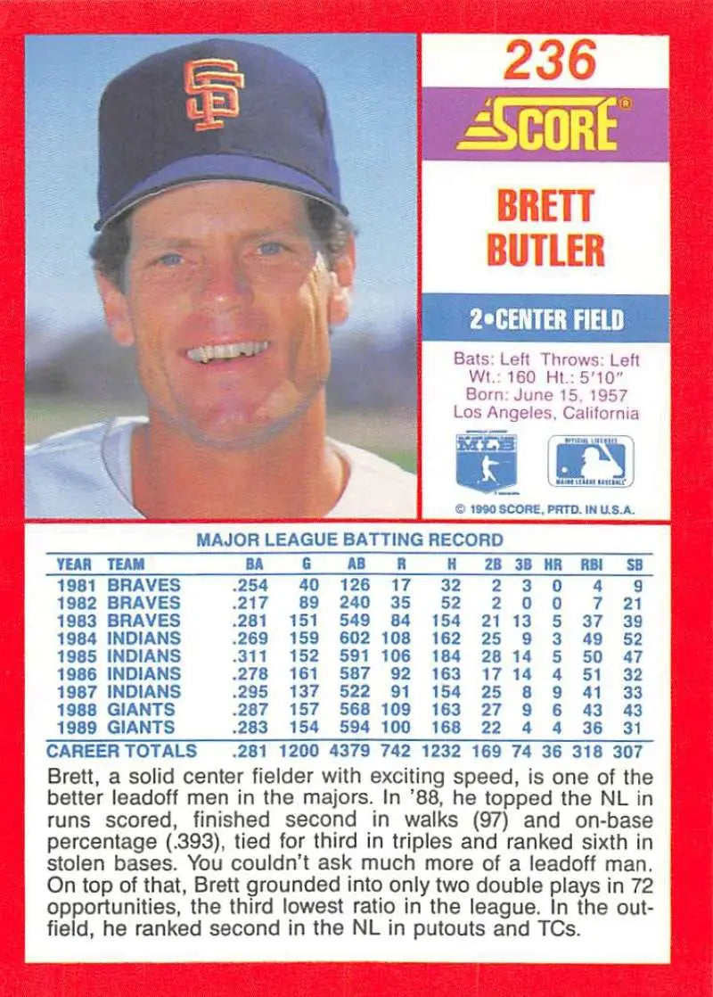 1990 Score #236 Brett Butler EX Excellent San Francisco Giants Baseball Card - Baseball Card Single