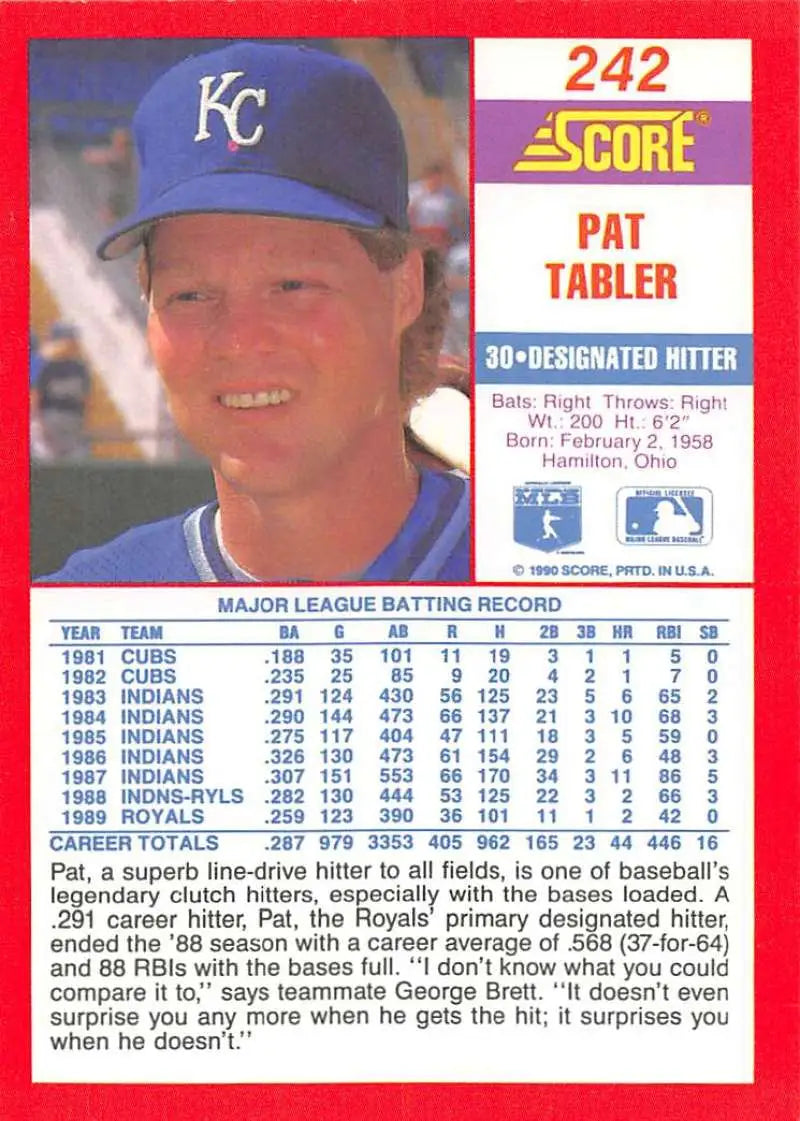 1990 Score #242 Pat Tabler EX Excellent Kansas City Royals Baseball Card - Baseball Card Single