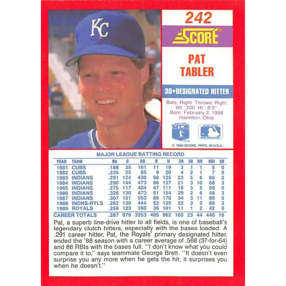 1990 Score #242 Pat Tabler NM-MT Kansas City Royals Baseball Card - Baseball Card Single
