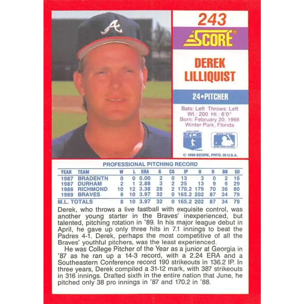 1990 Score #243 Derek Lilliquist NM-MT Atlanta Braves Baseball Card - Baseball Card Single