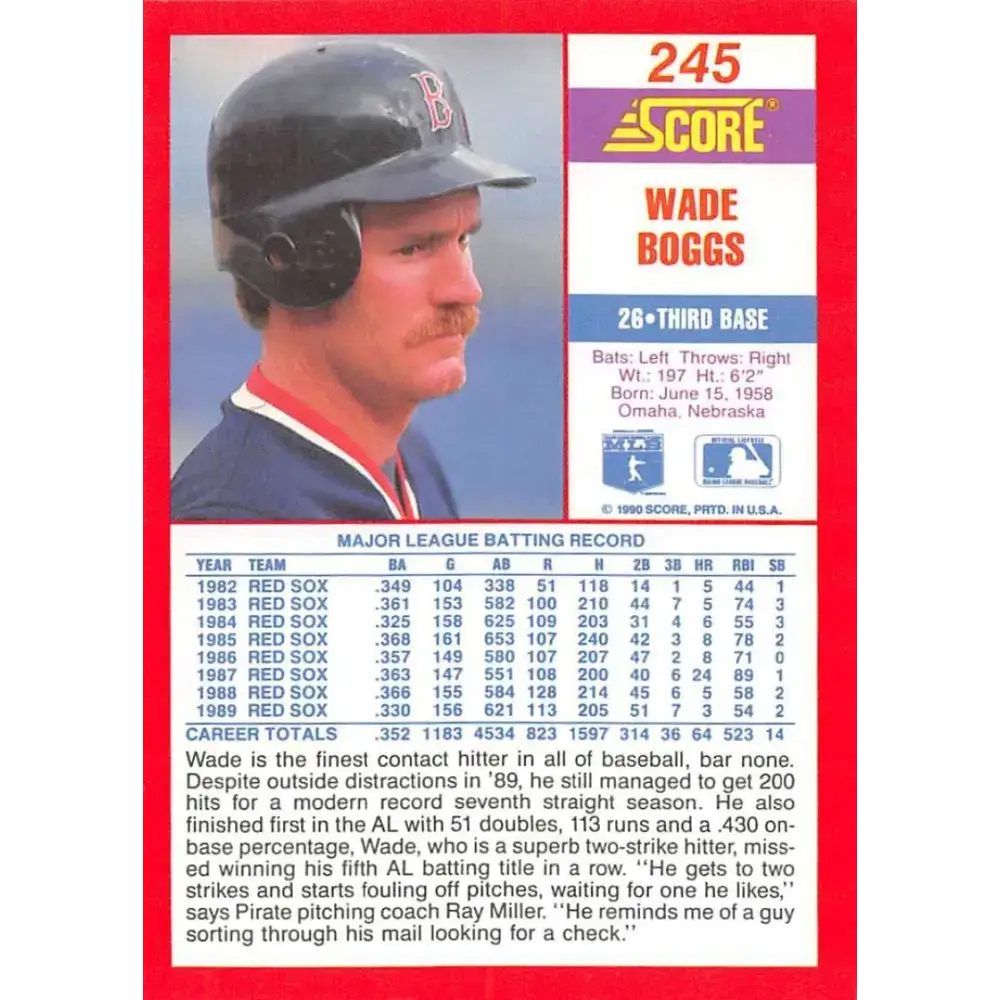 1990 Score #245 Wade Boggs NM-MT Boston Red Sox Baseball Card - Baseball Card Single