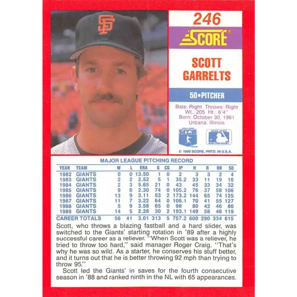 1990 Score #246 Scott Garrelts NM-MT San Francisco Giants Baseball Card - Baseball Card Single