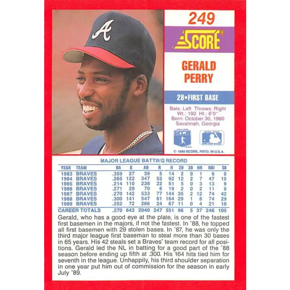 1990 Score #249 Gerald Perry NM-MT Atlanta Braves Baseball Card - Baseball Card Single