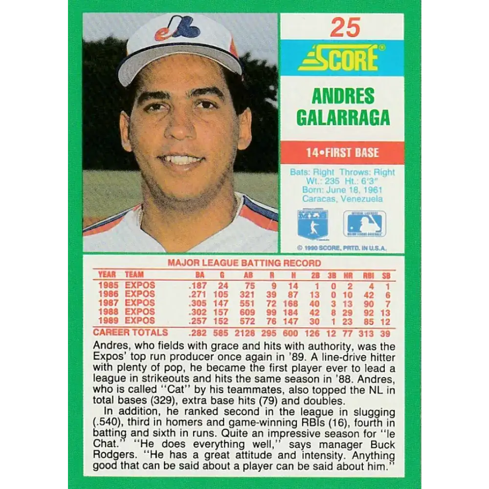 1990 Score #25 Andres Galarraga NM-MT Montreal Expos Baseball Card - Baseball Card Single
