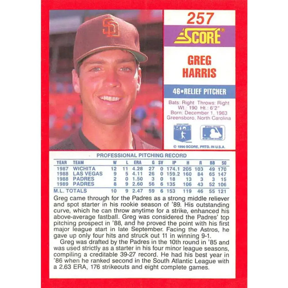 1990 Score #257 Greg Harris NM-MT San Diego Padres Baseball Card - Baseball Card Single