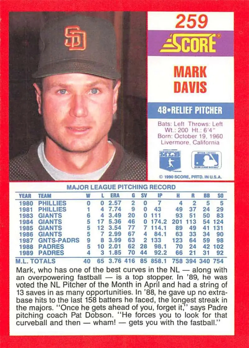 1990 Score #259 Mark Davis EX Excellent San Diego Padres Baseball Card - Baseball Card Single