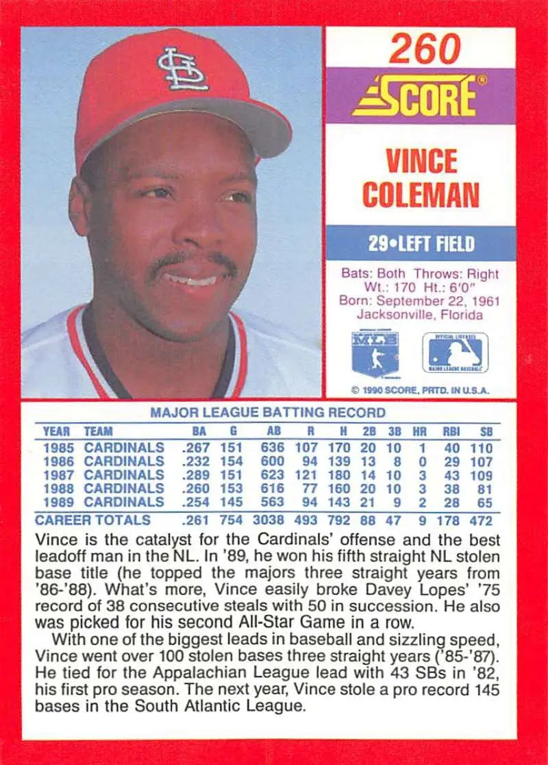 1990 Score #260 Vince Coleman EX Excellent St. Louis Cardinals Baseball Card - Baseball Card Single