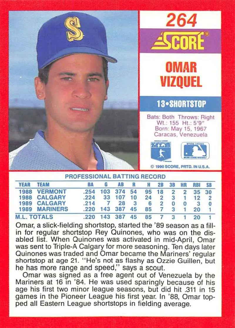 1990 Score #264 Omar Vizquel EX Excellent Seattle Mariners Baseball Card - Baseball Card Single