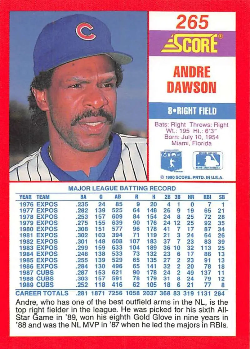 1990 Score #265 Andre Dawson EX Excellent Chicago Cubs Baseball Card - Baseball Card Single