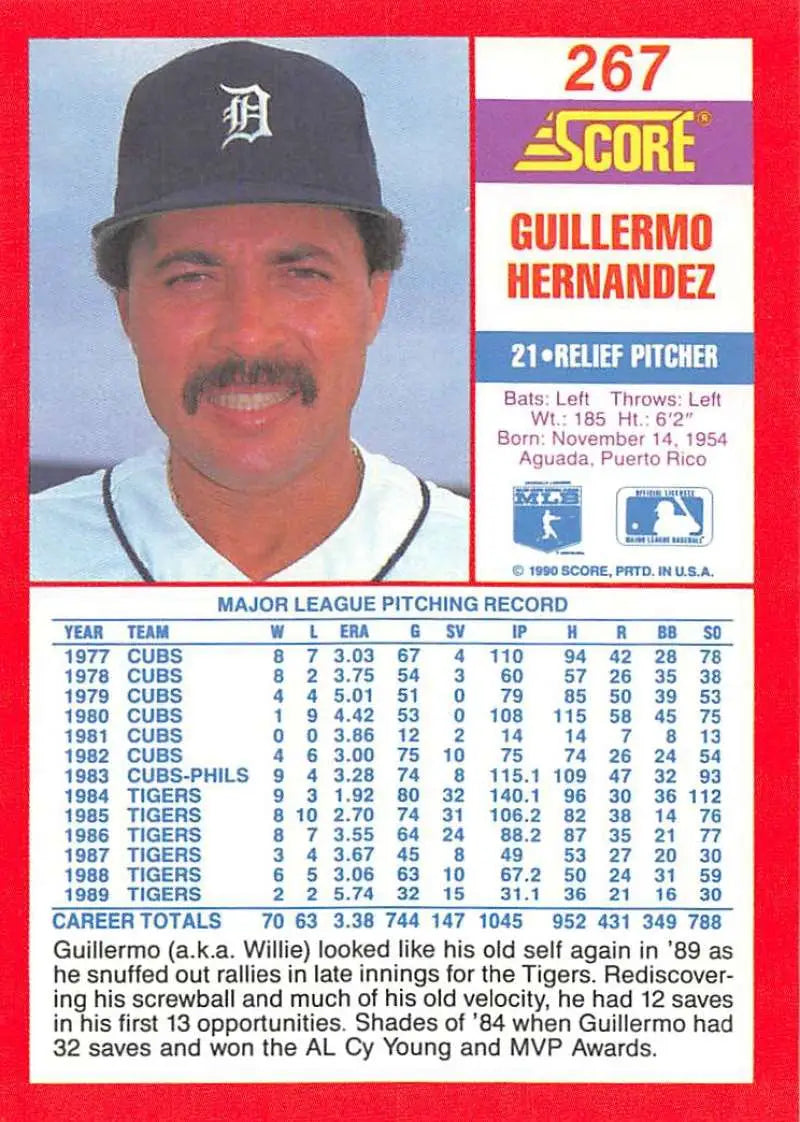 1990 Score #267 Guillermo Hernandez EX Excellent Detroit Tigers Baseball Card