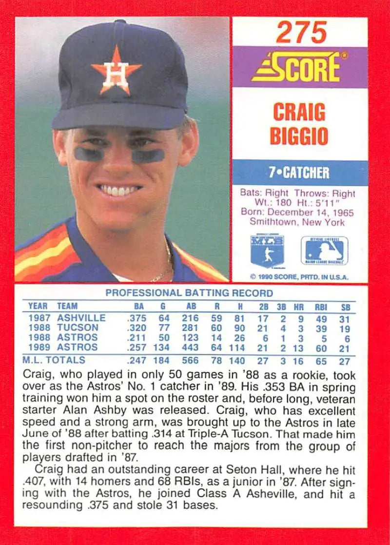 1990 Score #275 Craig Biggio EX Excellent Houston Astros Baseball Card - Baseball Card Single