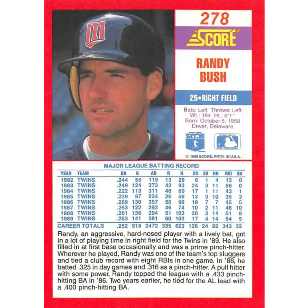 1990 Score #278 Randy Bush NM-MT Minnesota Twins Baseball Card - Baseball Card Single