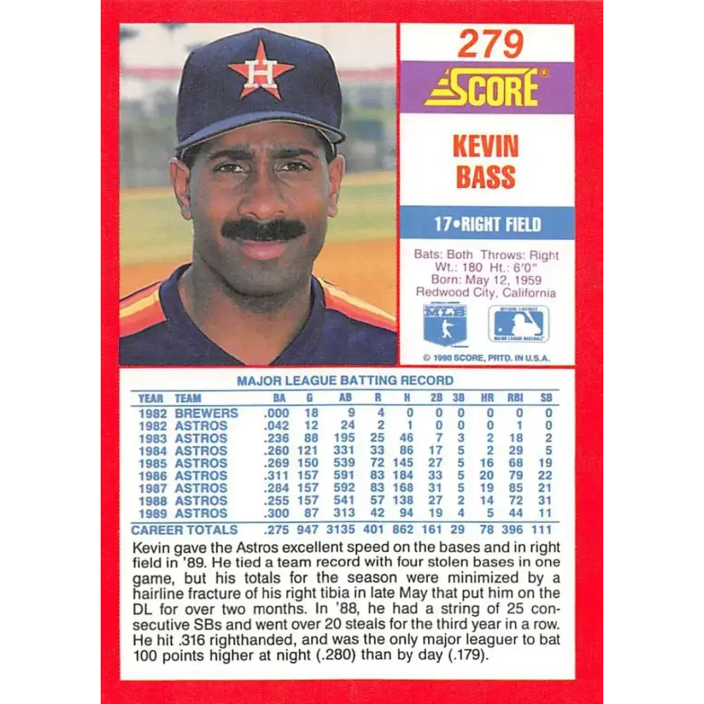 1990 Score #279 Kevin Bass NM-MT Houston Astros Baseball Card - Baseball Card Single