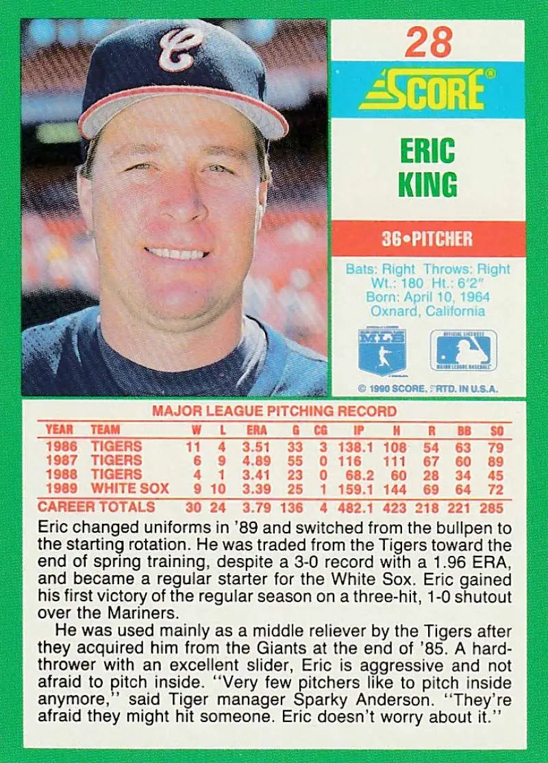 1990 Score #28 Eric King EX Excellent Chicago White Sox Baseball Card - Baseball Card Single