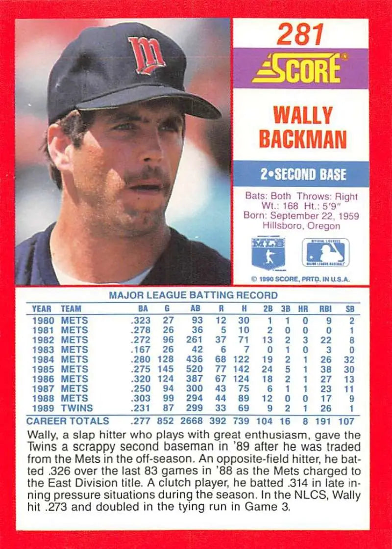 1990 Score #281 Wally Backman EX Excellent Minnesota Twins Baseball Card - Baseball Card Single