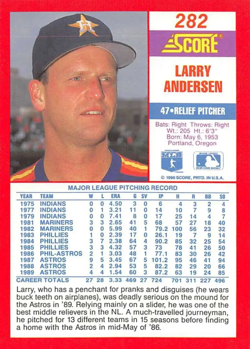 1990 Score #282 Larry Andersen EX Excellent Houston Astros Baseball Card - Baseball Card Single