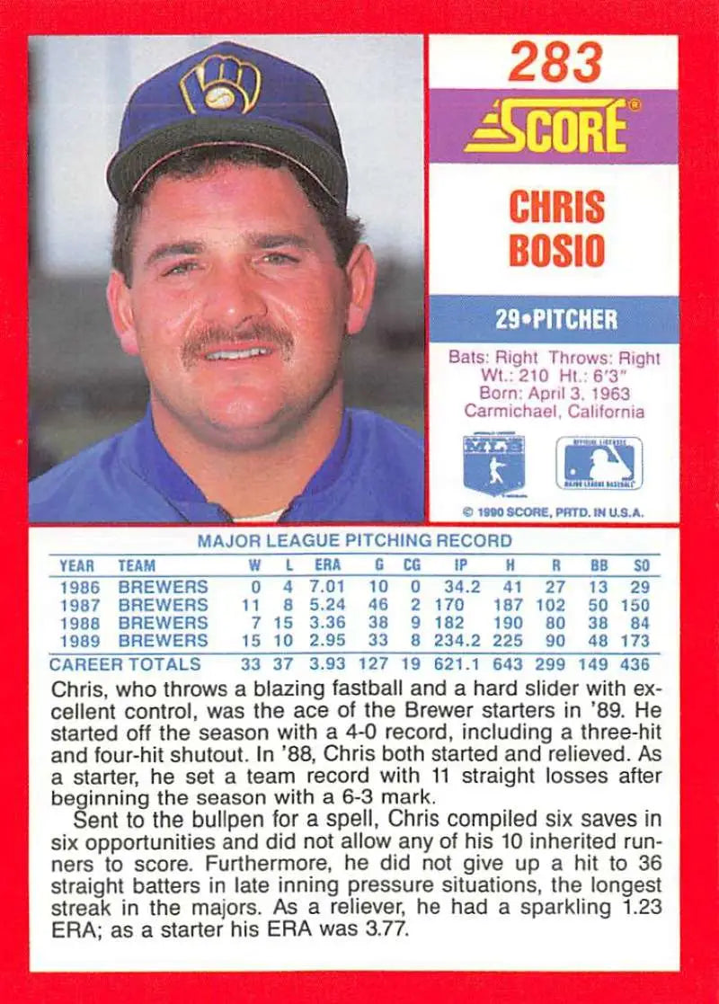 1990 Score #283 Chris Bosio EX Excellent Milwaukee Brewers Baseball Card - Baseball Card Single