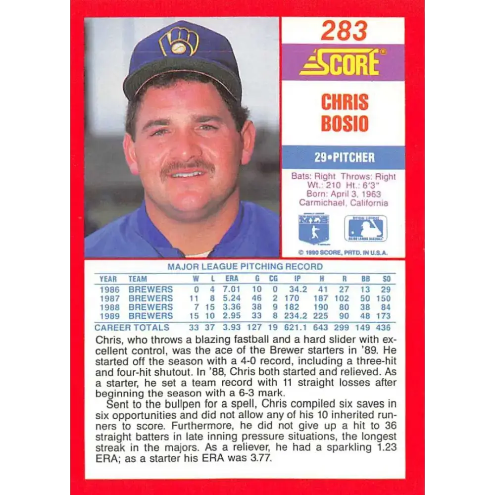 1990 Score #283 Chris Bosio NM-MT Milwaukee Brewers Baseball Card - Baseball Card Single