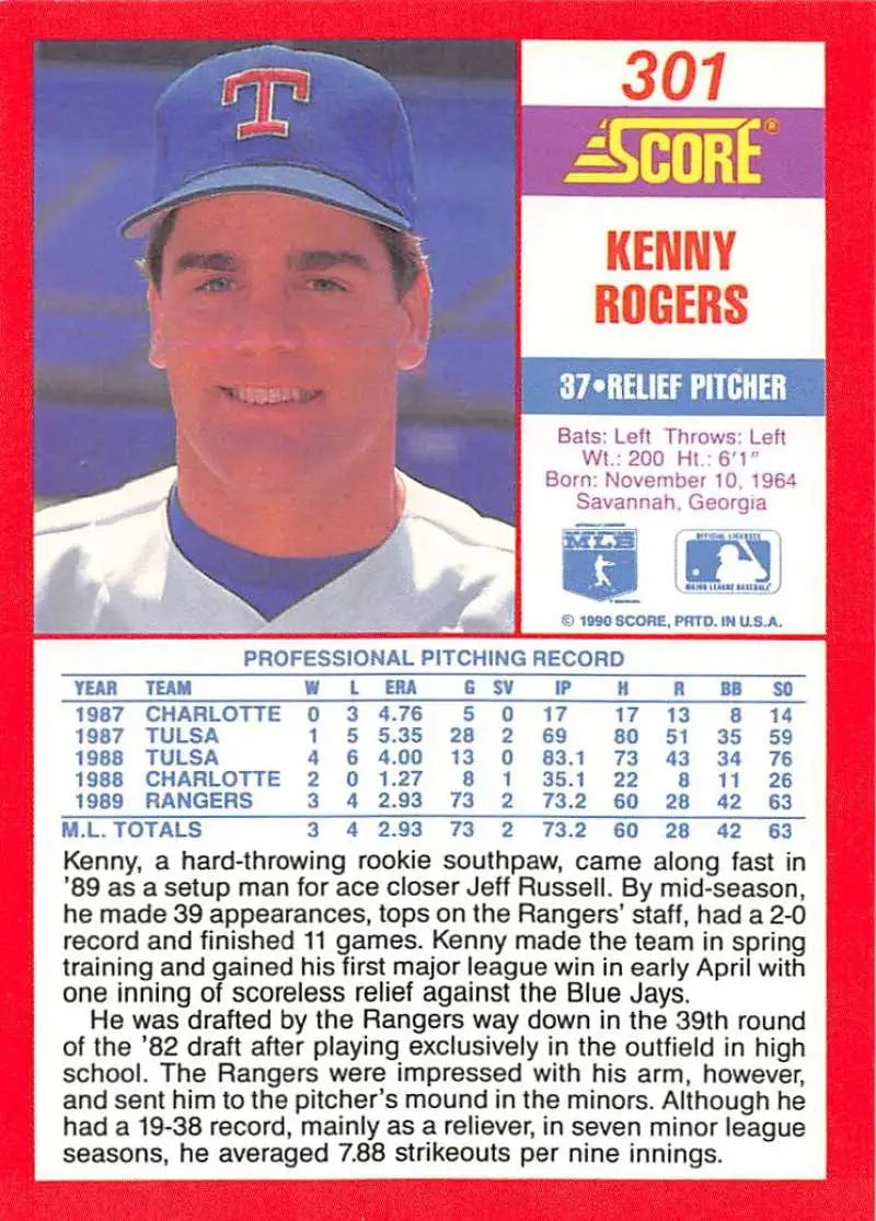 1990 Score #301 Kenny Rogers EX Excellent Texas Rangers Baseball Card - Baseball Card Single