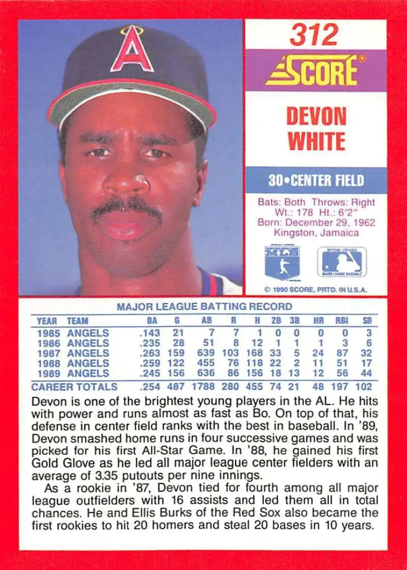 1990 Score #312 Devon White EX Excellent California Angels Baseball Card - Baseball Card Single