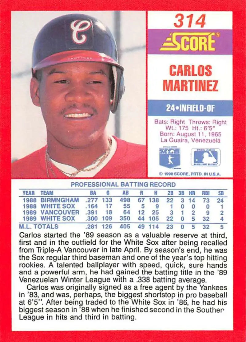 1990 Score #314 Carlos Martinez EX Excellent Chicago White Sox Baseball Card - Baseball Card Single