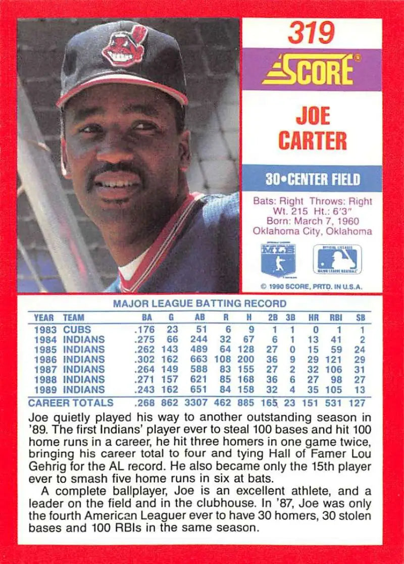 1990 Score #319 Joe Carter EX Excellent Cleveland Indians Baseball Card - Baseball Card Single