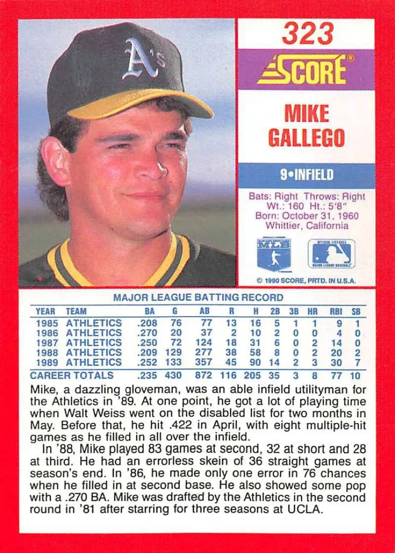 1990 Score #323 Mike Gallego EX Excellent Oakland Athletics Baseball Card - Baseball Card Single