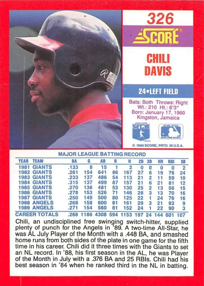 1990 Score #326 Chili Davis EX Excellent California Angels Baseball Card - Baseball Card Single