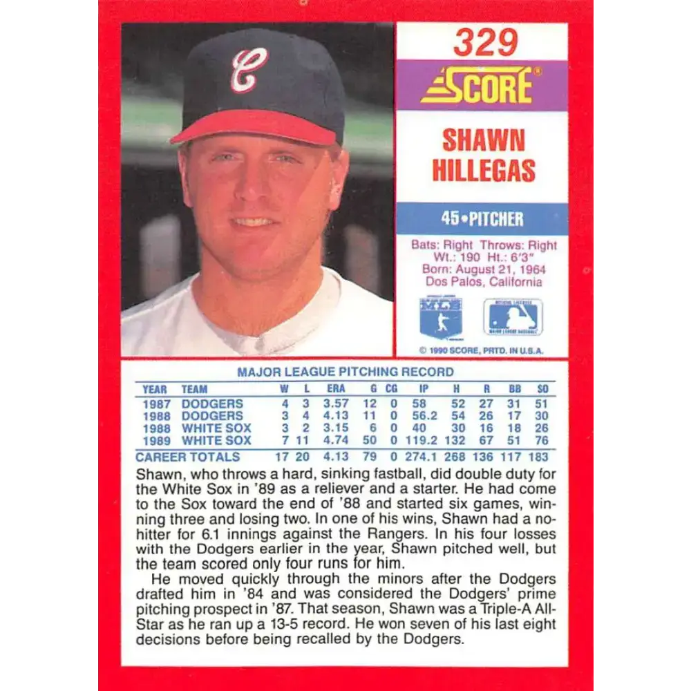 1990 Score #329 Shawn Hillegas NM-MT Chicago White Sox Baseball Card - Baseball Card Single