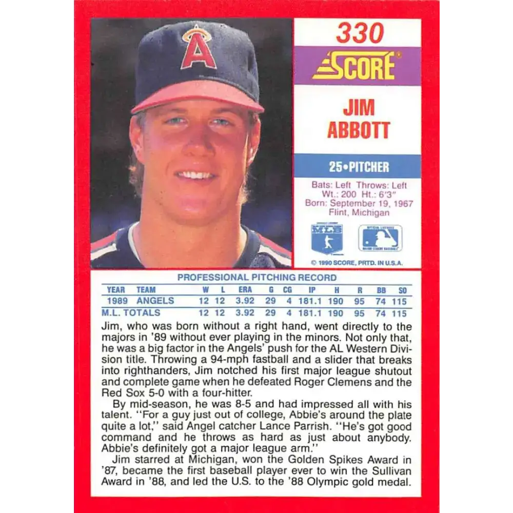 1990 Score #330 Jim Abbott NM-MT California Angels Baseball Card - Baseball Card Single