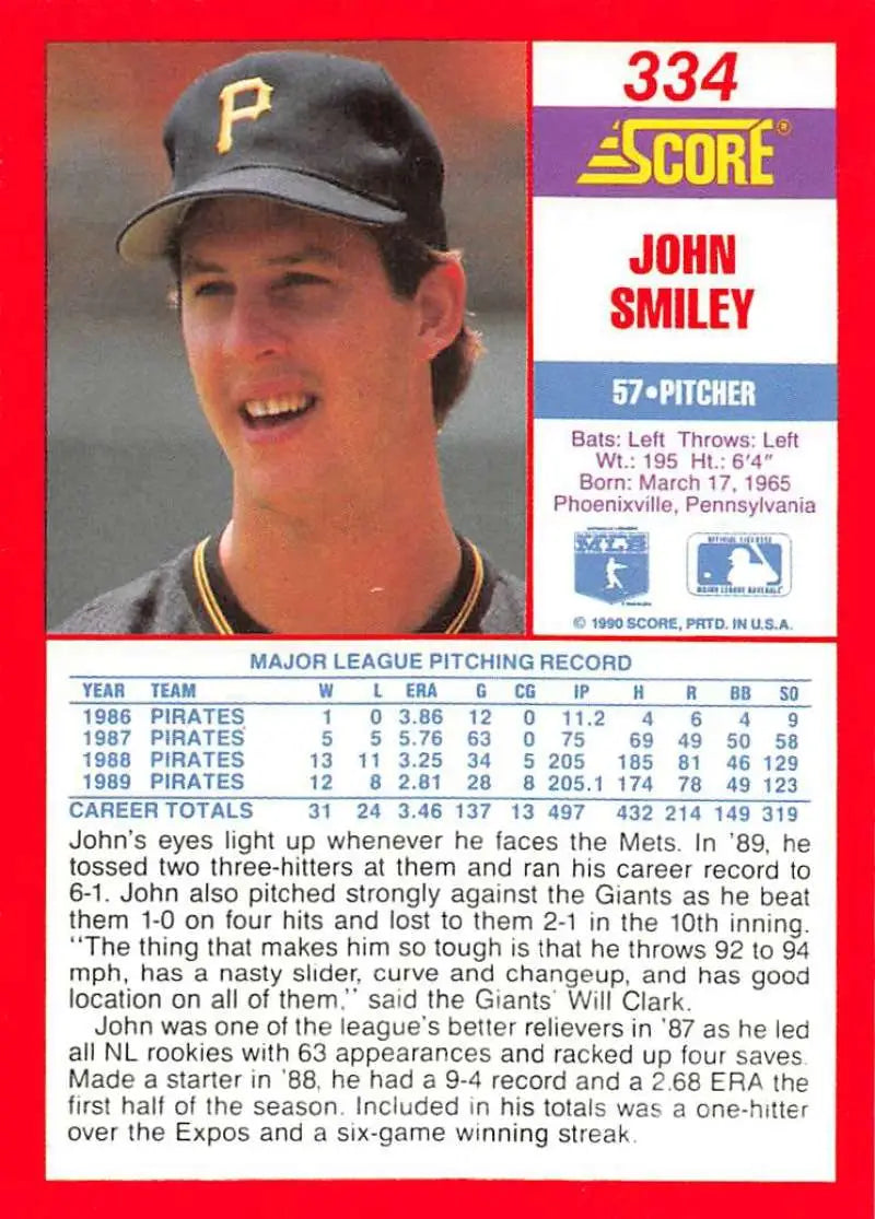 1990 Score #334 John Smiley EX Excellent Pittsburgh Pirates Baseball Card - Baseball Card Single