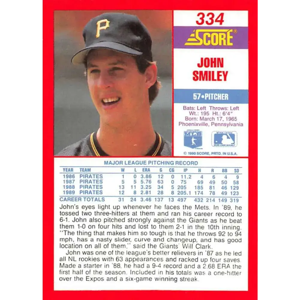 1990 Score #334 John Smiley NM-MT Pittsburgh Pirates Baseball Card - Baseball Card Single