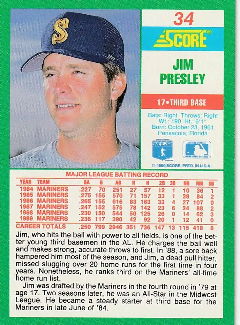 1990 Score #34 Jim Presley EX Excellent Seattle Mariners Baseball Card - Baseball Card Single