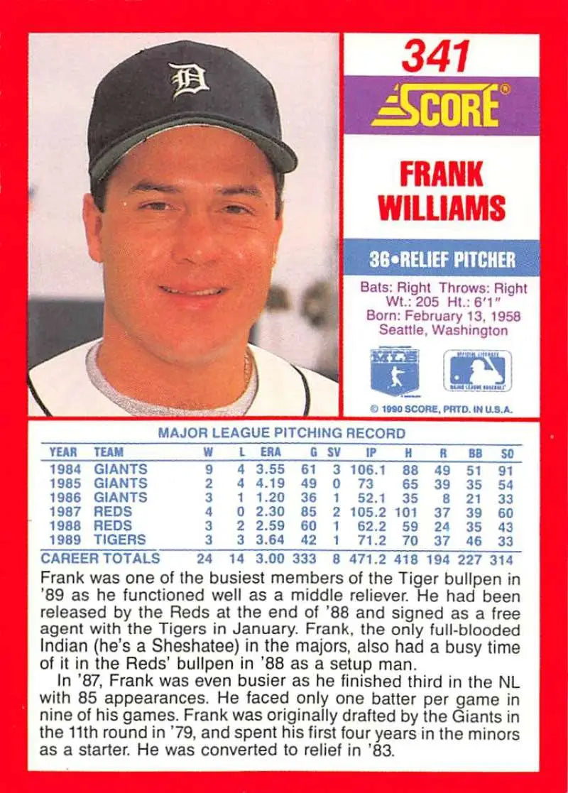 1990 Score #341 Frank Williams EX Excellent Detroit Tigers Baseball Card - Baseball Card Single