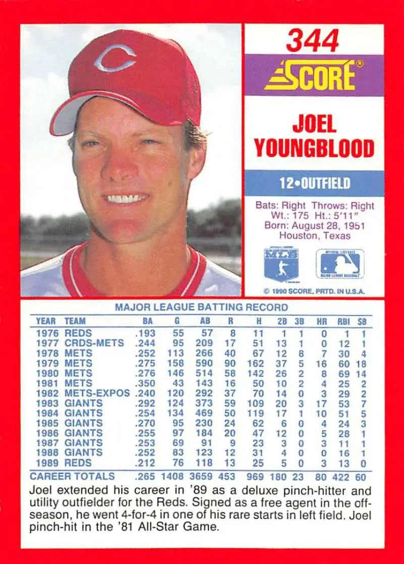 1990 Score #344 Joel Youngblood EX Excellent Cincinnati Reds Baseball Card - Baseball Card Single