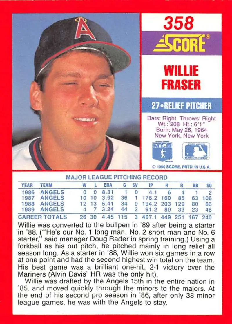 1990 Score #358 Willie Fraser EX Excellent California Angels Baseball Card - Baseball Card Single