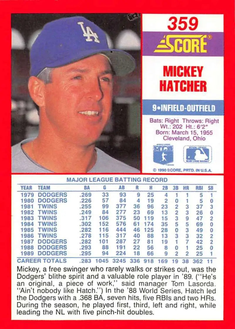 1990 Score #359 Mickey Hatcher EX Excellent Los Angeles Dodgers Baseball Card - Baseball Card Single