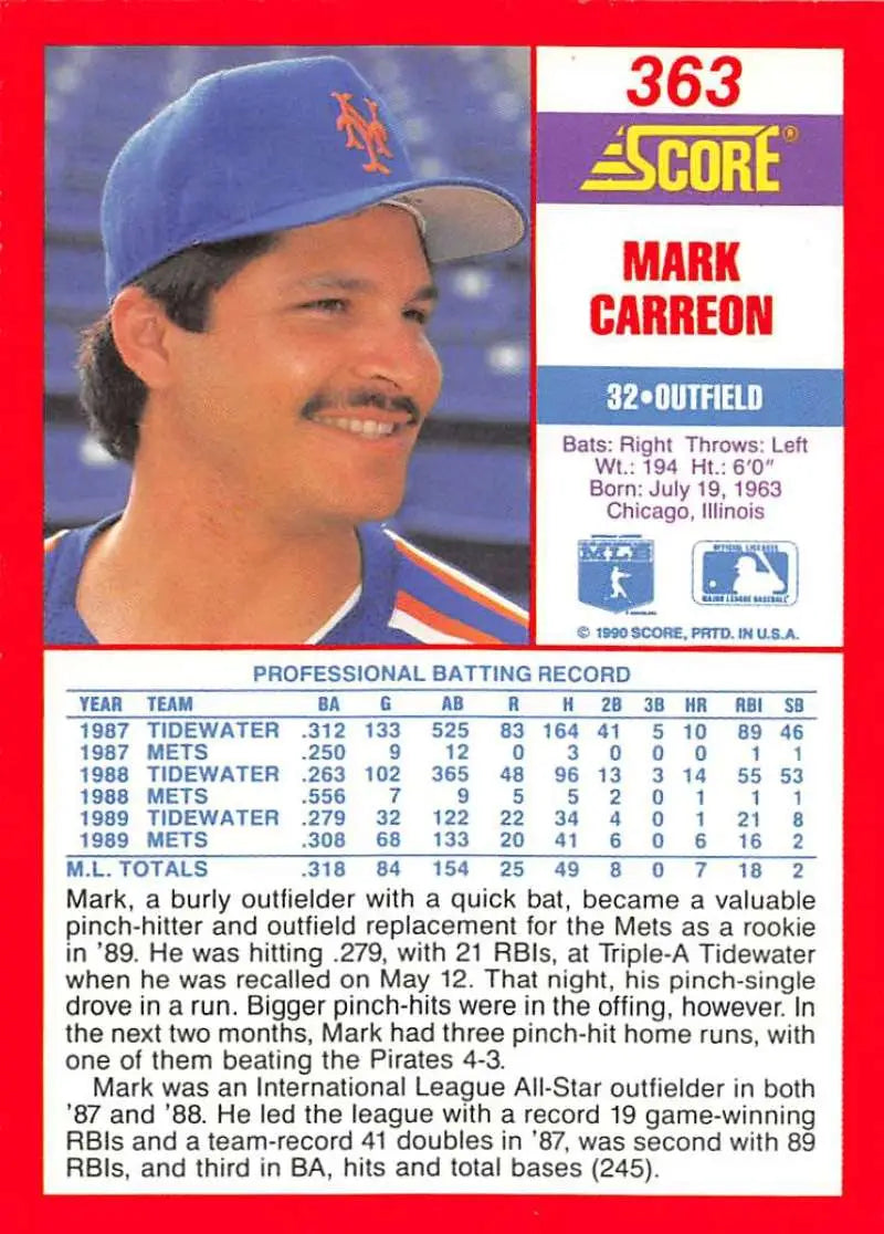 1990 Score #363 Mark Carreon EX Excellent New York Mets Baseball Card - Baseball Card Single