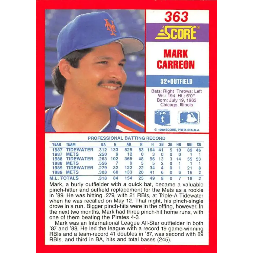 1990 Score #363 Mark Carreon NM-MT New York Mets Baseball Card - Baseball Card Single