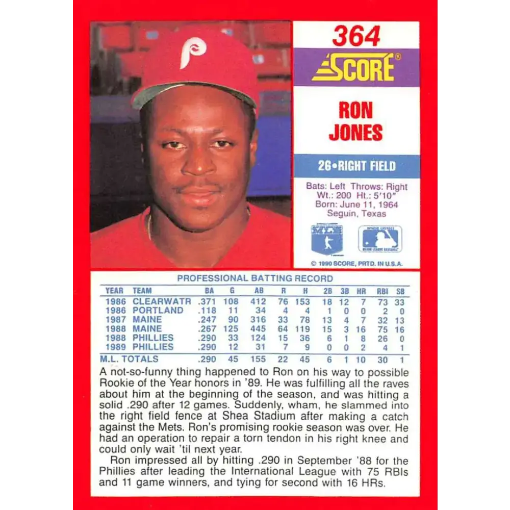 1990 Score #364 Ron Jones NM-MT Philadelphia Phillies Baseball Card - Baseball Card Single