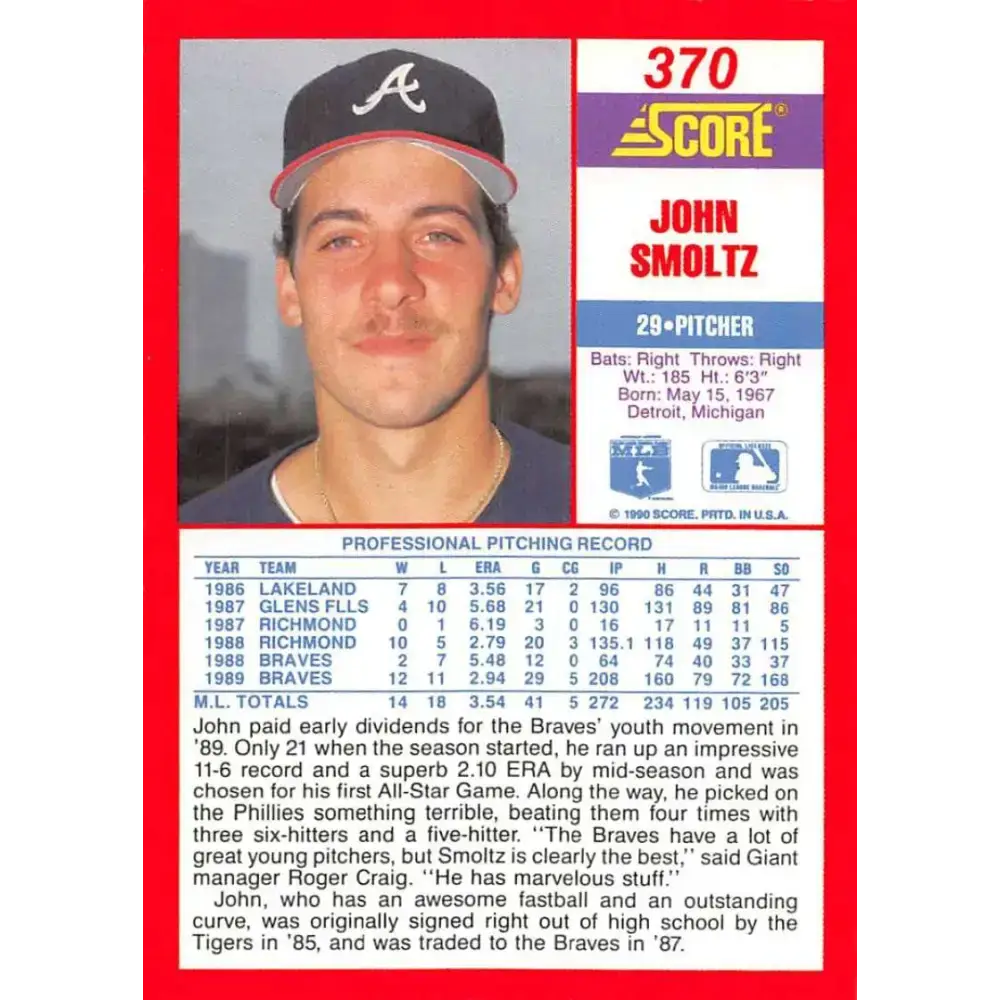 1990 Score #370 John Smoltz NM-MT Atlanta Braves Baseball Card - Baseball Card Single