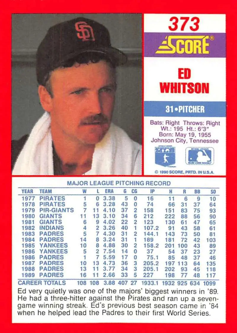 1990 Score #373 Ed Whitson EX Excellent San Diego Padres Baseball Card - Baseball Card Single