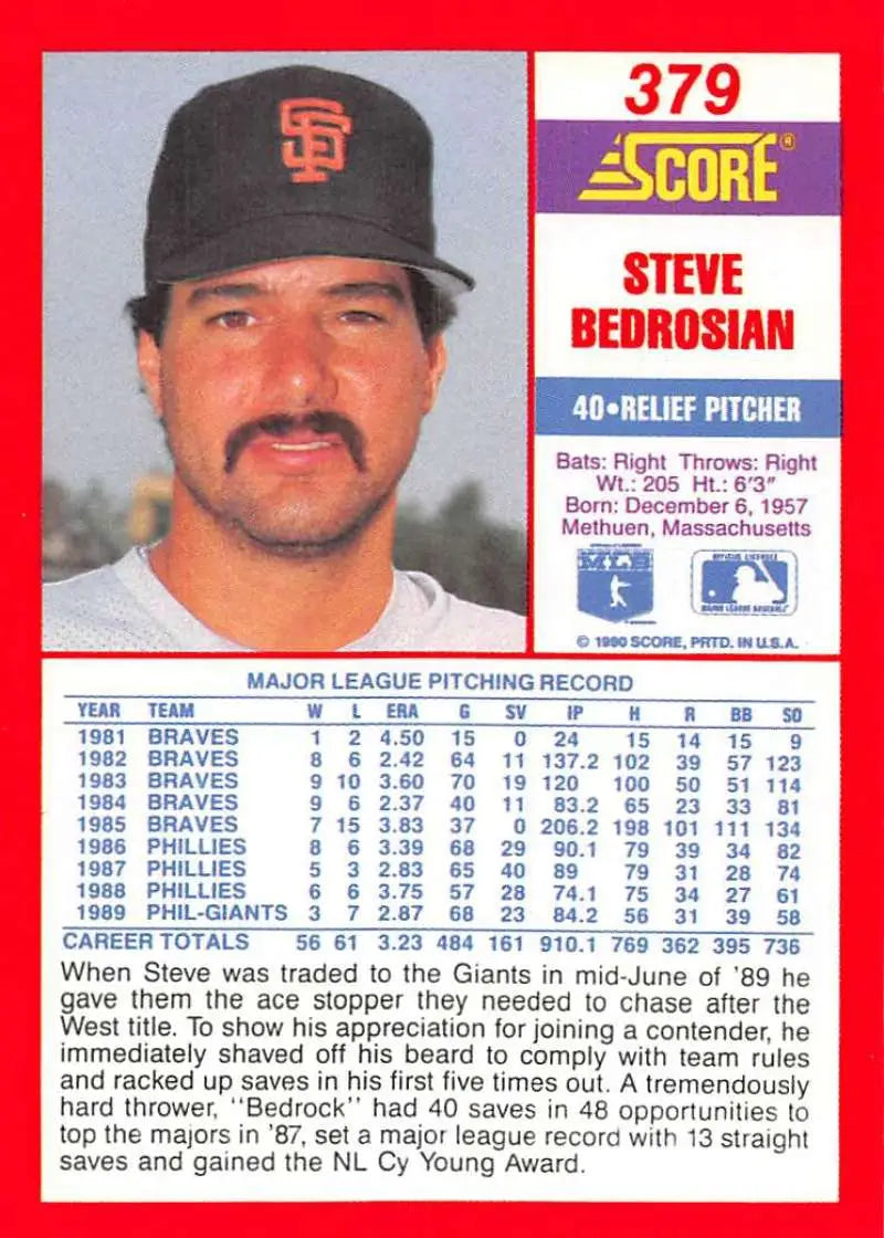 1990 Score #379 Steve Bedrosian EX Excellent San Francisco Giants Baseball Card - Baseball Card Single